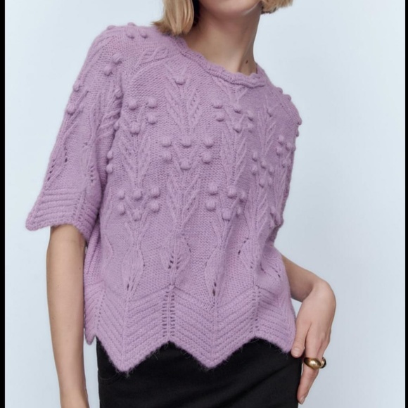Zara lilac knit pompom short sleeve sweater EUC - Picture 2 of 10